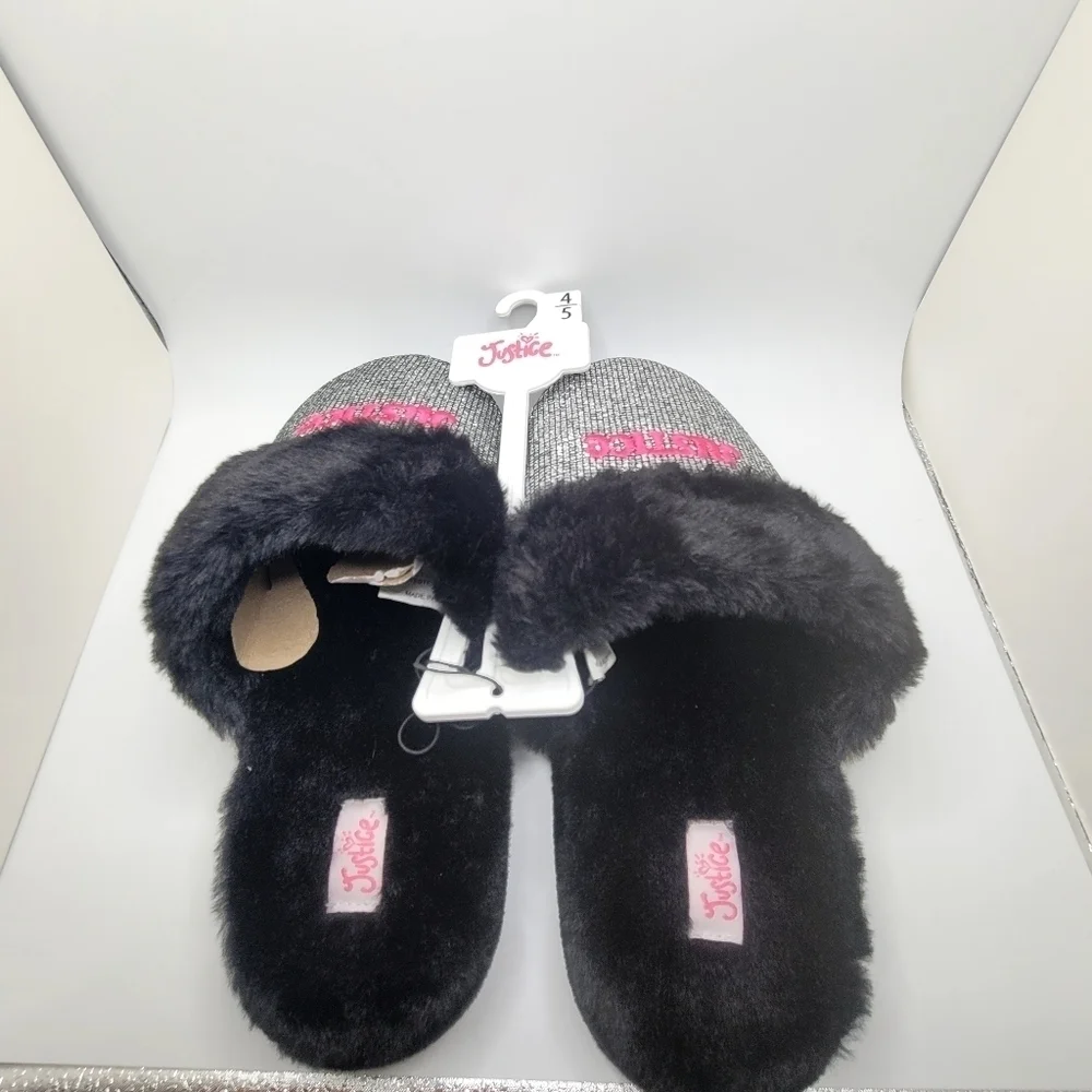 NWT Justice Size 4/5 Child Slippers Faux Fur Black Pink Embellished Spar…